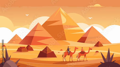 Travelers riding camels through desert landscape with pyramids and sunset in flat illustration style