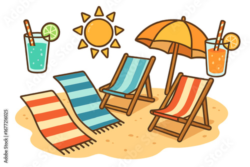 Fun in the sun with colorful beach towels, striped lounge chairs, sunny umbrella, and refreshing summer drinks on sandy shore, vibrant vector cartoon illustration