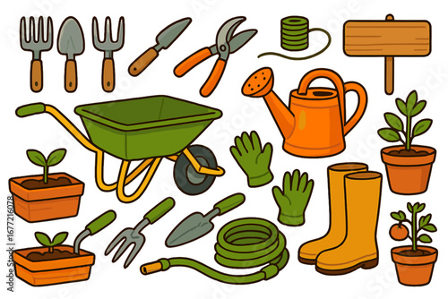 Gardening tools and equipment arranged in vibrant colorful layout for gardening enthusiasts at home and community gardens, vector cartoon illustration with plants and garden gear