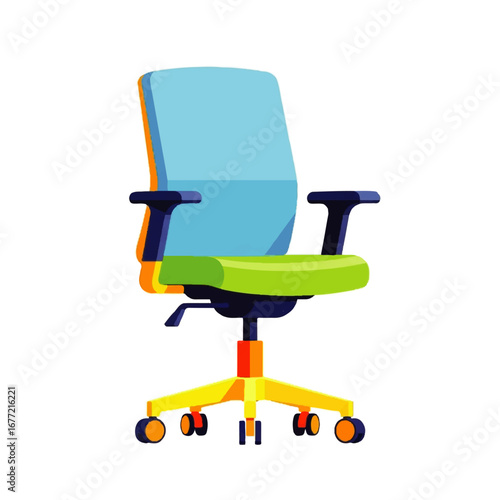 A vibrant blue and green office chair sits on yellow wheels against a white background, conveying a cheerful and modern workspace aesthetic.