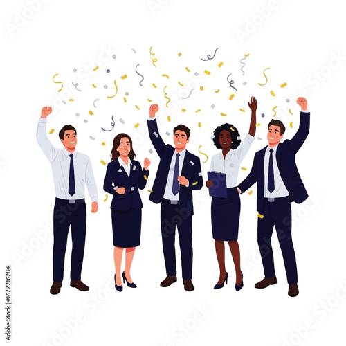 A diverse team of jubilant business professionals celebrates success amidst falling confetti, expressing joy and achievement.
