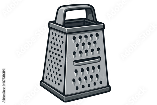 Six-sided stainless steel kitchen grater for shredding, slicing, and grating vegetables, cheese, and ingredients. Vector cartoon illustration with transparent background for cooking and culinary use.