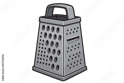 Six-sided kitchen grater for shredding, slicing, and grating various cooking ingredients, detailed vector cartoon illustration with transparent background