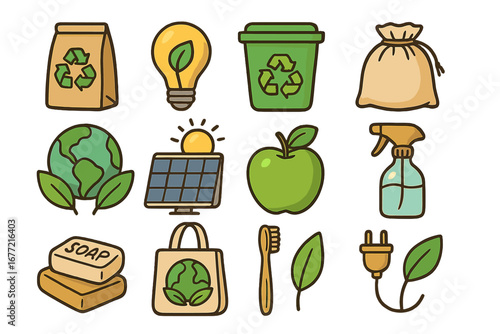 Eco-friendly sustainable living icons set with reusable items, green energy symbols, natural products, and zero waste concepts. Vector cartoon illustration for home and environment.