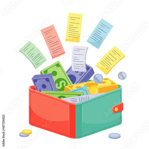 An overflowing wallet spills cash and receipts, creating a vibrant and chaotic scene of abundance.