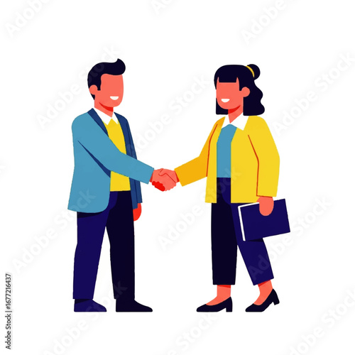 Two smiling business professionals shake hands, signifying a successful partnership against a white background.