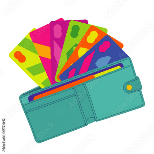 A teal wallet overflows with brightly colored gift cards, radiating joy and the promise of exciting purchases.