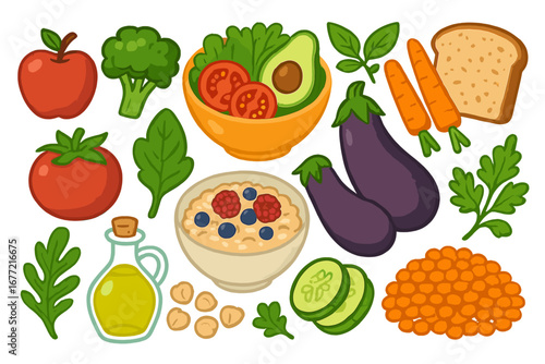 Illustration of Various Fresh Food Items and Ingredients Emphasizing Healthy Eating and Plant-Based Meals, Vector Cartoon Style with Transparent Background