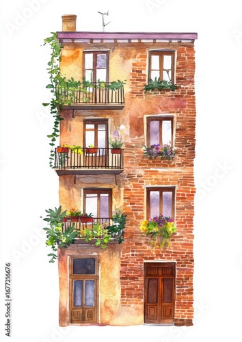 Watercolor Mediterranean building facade with brick walls balconies and green plants