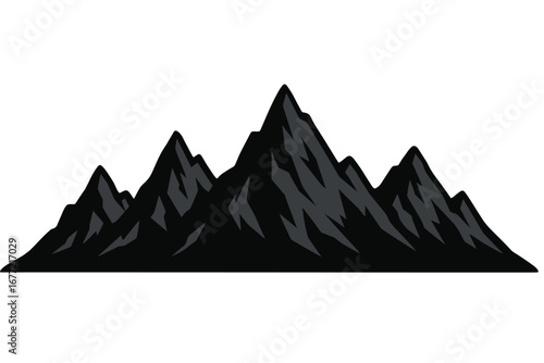 Mountain range silhouette with sharp peaks, jagged valleys, dramatic landscape, dark vector cartoon illustration, nature outline with transparent background, rugged mountain scene