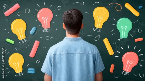 Man in Blue Shirt Looking at Blackboard with Colorful Chalk Drawings of Light Bulbs and Creative Ideas in an Educational Environment