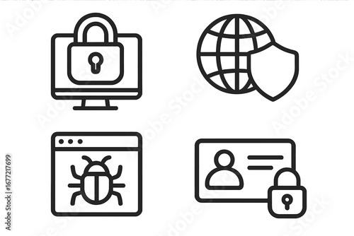 Simple Line Icons Representing Online Security, Cyber Protection, Digital Privacy, Data Safety, Internet Security Concepts in a Minimalist Vector Cartoon Illustration