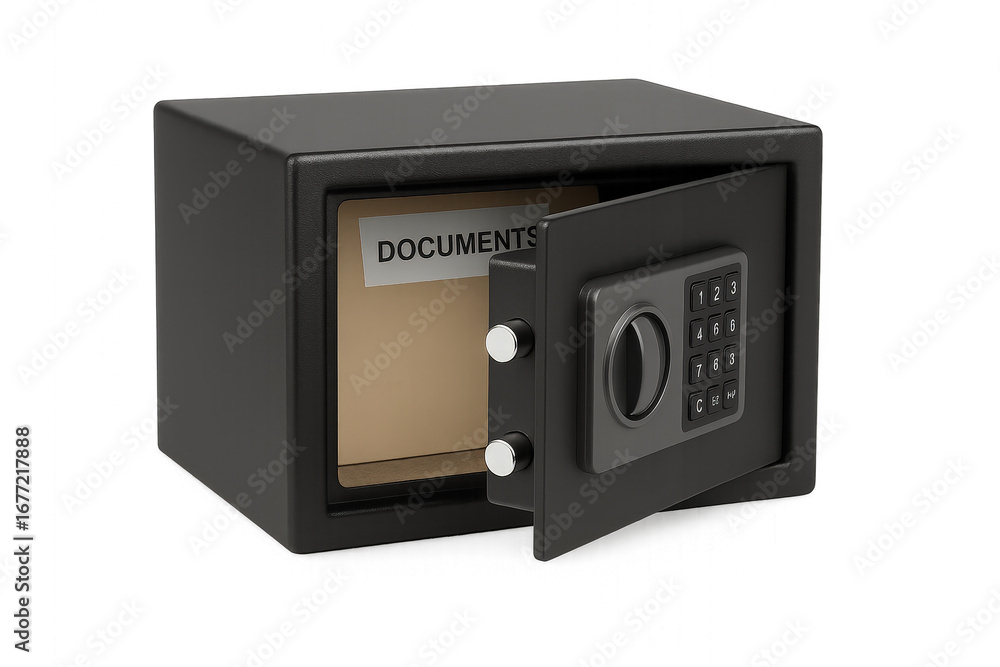 Obraz premium Photo of open black metal safe with digital keypad and a document inside, isolated on transparent background