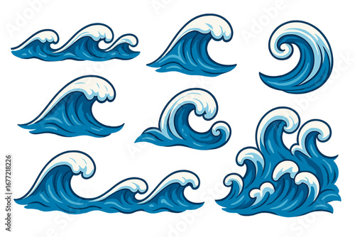 Stylized Ocean Wave Patterns in Various Dynamic Shapes and Designs for Creative Projects, Vector Cartoon Illustration with Transparent Background, Set of Artistic Water Waves