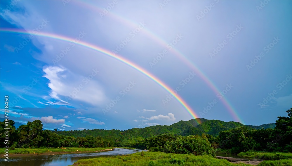 Naklejka premium Double rainbow over a river valley