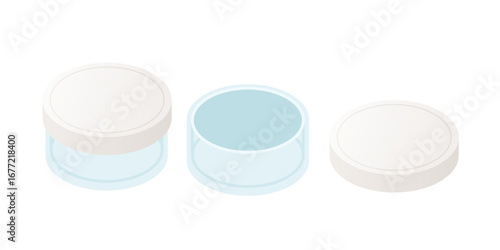 Isometric glass jars and lids collection. Blue transparent containers with white tops in different positions. Kitchen storage for food preservation. Vector illustration isolated on white background