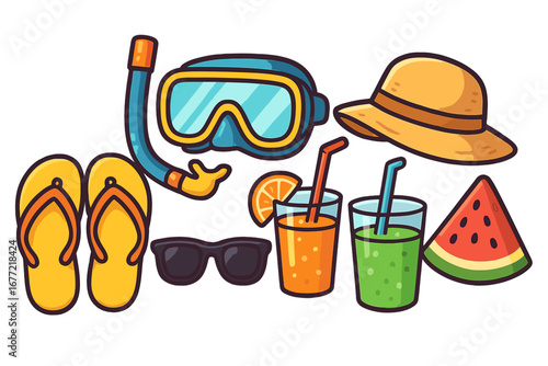 Summer beach essentials for fun and relaxing vacation with snorkeling gear, sunglasses, hat, refreshing drinks, flip flops, and watermelon slice. Colorful vector cartoon illustration