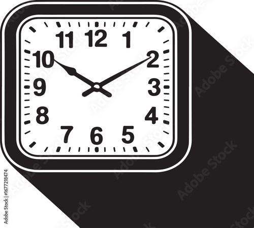 Square alarm clock with numbers and hands silhouette isolated on white background