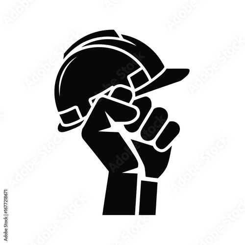 Powerful fist silhouette holding hard hat symbolizing labor strength and solidarity