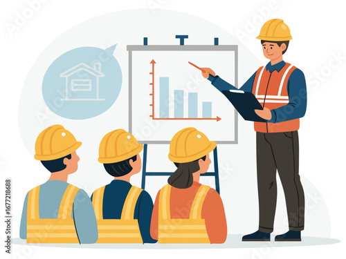 “Construction Workers Safety Training Illustration – Workplace Safety, Engineering Team Meeting, Occupational Health Checklist Concept in Flat Vector Style”