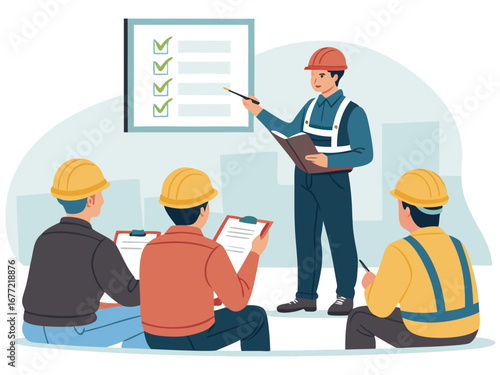 “Construction Workers Safety Training Illustration – Workplace Safety, Engineering Team Meeting, Occupational Health Checklist Concept in Flat Vector Style”