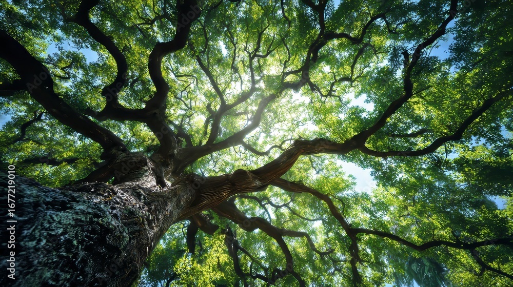 Fototapeta premium Majestic Old Tree Canopy Creating Natural Pattern and Peaceful Forest Atmosphere