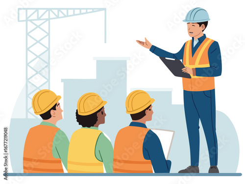 “Construction Workers Safety Training Illustration – Workplace Safety, Engineering Team Meeting, Occupational Health Checklist Concept in Flat Vector Style”