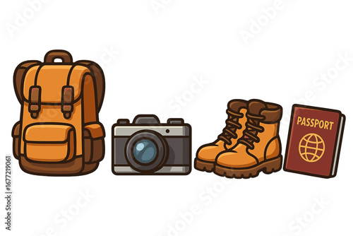 Travel essentials for adventurers including backpacks, cameras, hiking boots, and passports, vector cartoon illustration suitable for outdoor travel, adventure, and tourism concepts