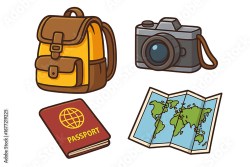 Travel essentials vector set including backpack, camera, passport, and world map for global adventures and exploration, cartoon style, transparent background illustration
