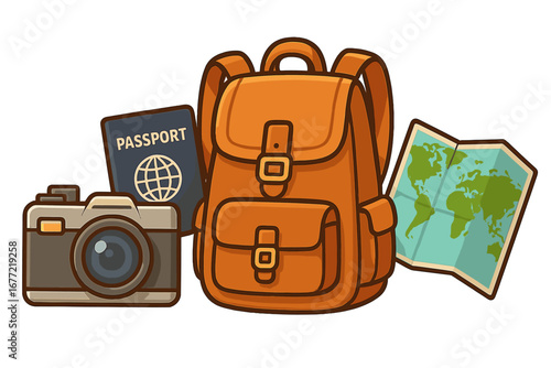 Travel essentials with camera, passport, backpack, and world map for global adventures and exploration, vector cartoon illustration with transparent background