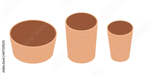 Isometric terracotta plant pots collection. Three clay containers in different sizes - wide bowl, medium cylinder, and small tapered pot. Gardening concept. Vector illustration on white