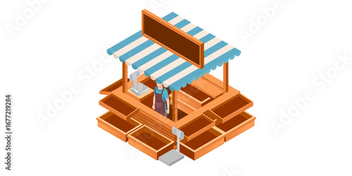 Isometric market stall with blue striped awning and screen. Vendor in uniform with scale. Food kiosk concept for street market and mobile business. Vector illustration isolated on white background