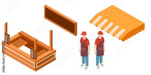 Isometric food stall elements set. Orange kiosk structure with menu board, awning, and two workers in red uniforms. Street food business concept for design projects. Vector illustration