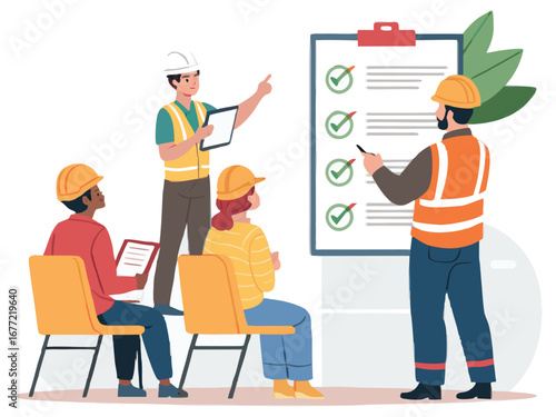 “Construction Workers Safety Training Illustration – Workplace Safety, Engineering Team Meeting, Occupational Health Checklist Concept in Flat Vector Style”