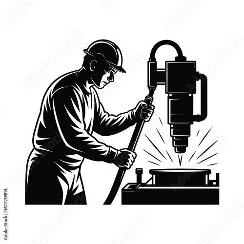 Silhouette of a skilled worker operating heavy machinery in a workshop setting