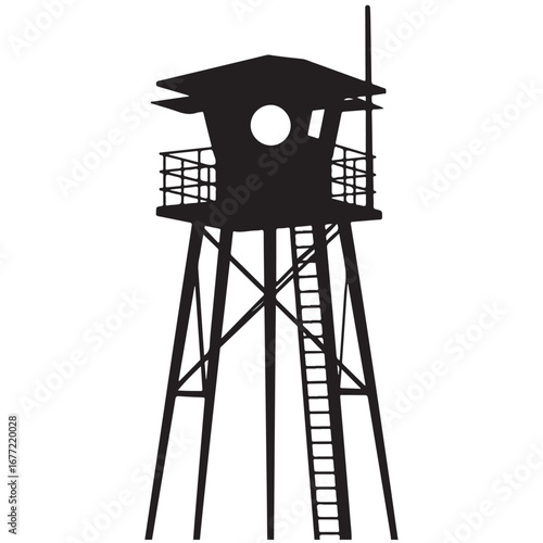 Black Silhouette of a Lifeguard Tower with Observation Platform and Ladder