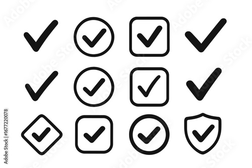 Checkmark icon set. Tick symbol collection. Yes, correct, and approved signs. Check mark in circle, square, and shield. Vote, select, and validation button graphic elements.
