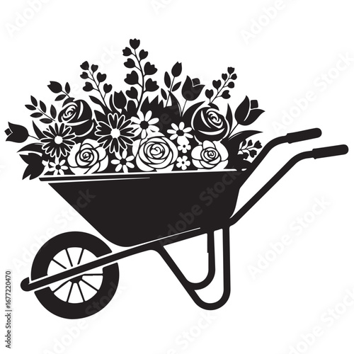 Monochromatic Silhouette of a Wheelbarrow Filled with Assorted Flowers and Leaves