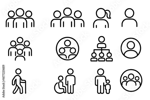 Line icon set of diverse people, group, and community. Symbols for teamwork, business hierarchy, family, user avatar, senior citizen, and person with disability. Social inclusion concept.