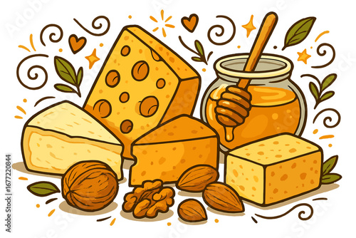 Gourmet food platter with various cheese types, honey jar, walnuts and almonds. Healthy organic snack or appetizer. Dairy products. Hand drawn cartoon vector illustration.