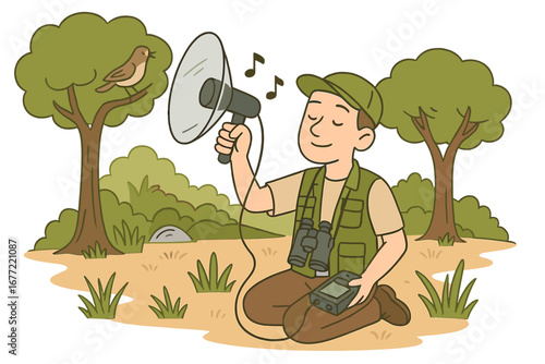 Man birdwatching and recording bird songs with a parabolic microphone. Ornithologist hobby in nature. Field recordist capturing tranquil sounds. Vector cartoon illustration.