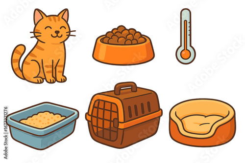 Cat care essentials icon set. Cute ginger cat with pet supplies collection. Vector cartoon illustration of food bowl, litter box, carrier, bed, and thermometer for health.