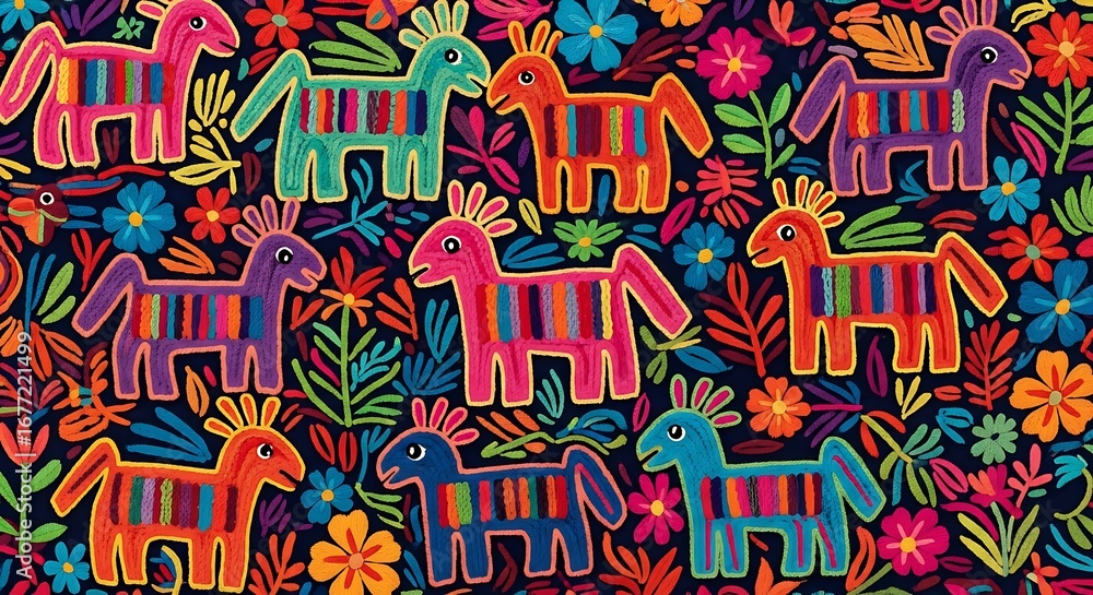 Naklejka premium Vibrant Folk Art Horses and Flowers Pattern