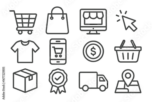 E-commerce thin line icon set. Online shopping, internet retail concepts. Mobile payment, fast delivery, purchase, order, shipping symbols. Vector outline graphic elements.