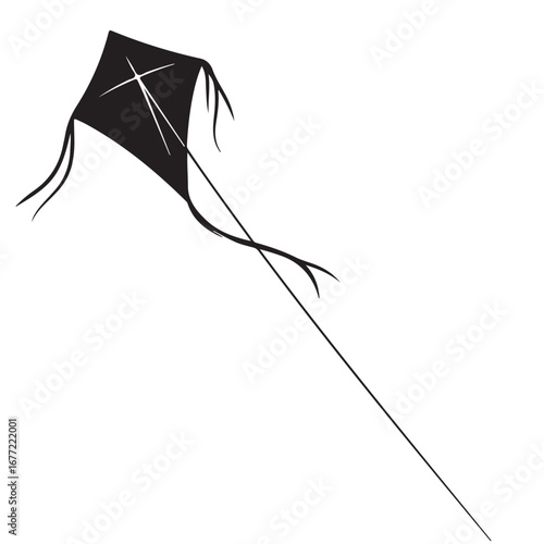 Black Kite Silhouette with Streamers and String on a White Background