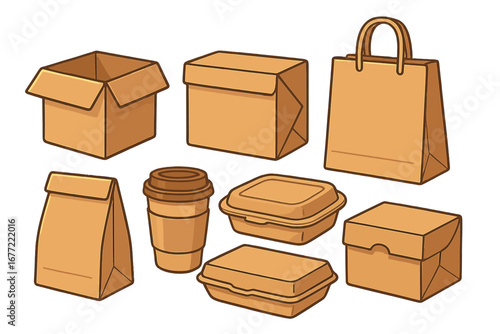 Eco-friendly packaging set. Kraft paper boxes, bags, and food containers. Takeaway, delivery, and shipping supplies. Sustainable cardboard package collection vector illustration.