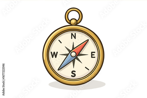 Golden compass vector illustration for navigation and travel. Vintage retro cartoon design element showing direction. North, south, east, west symbol for adventure and exploration.