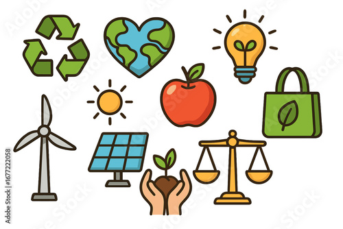 Vector icon set for sustainability, ESG, and CSR concepts. Green energy, recycling, health, and ethical balance illustrations. Modern flat cartoon style for ecology and environment.