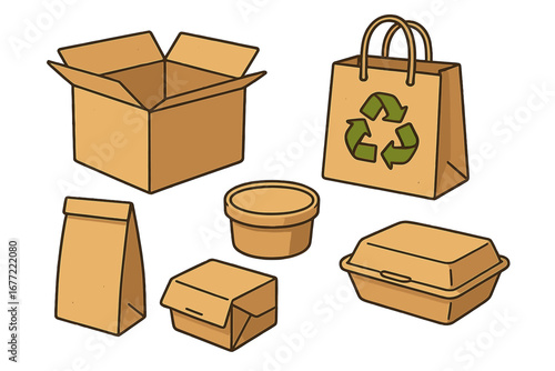 Eco-friendly packaging set. Recyclable cardboard box, paper bag, and food containers. Sustainable delivery and takeaway concept. Zero waste, biodegradable materials vector icon.