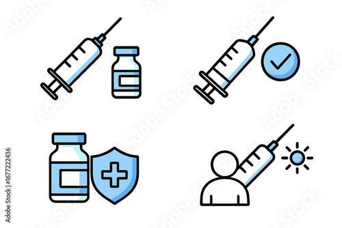 Vaccination icon set. Medical healthcare concept. Syringe for injection, vaccine vial dose. Immunization for virus protection. Health shield symbol. Medicine infographic element.